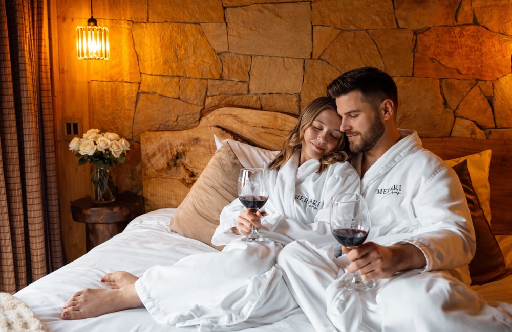 Meraki Escape Brevard NC couple in robes in bed