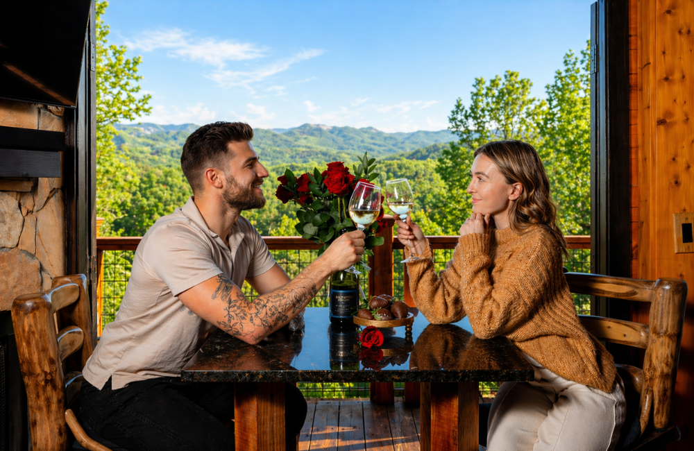 Meraki Escape Brevard NC couple clinking wine glasses together