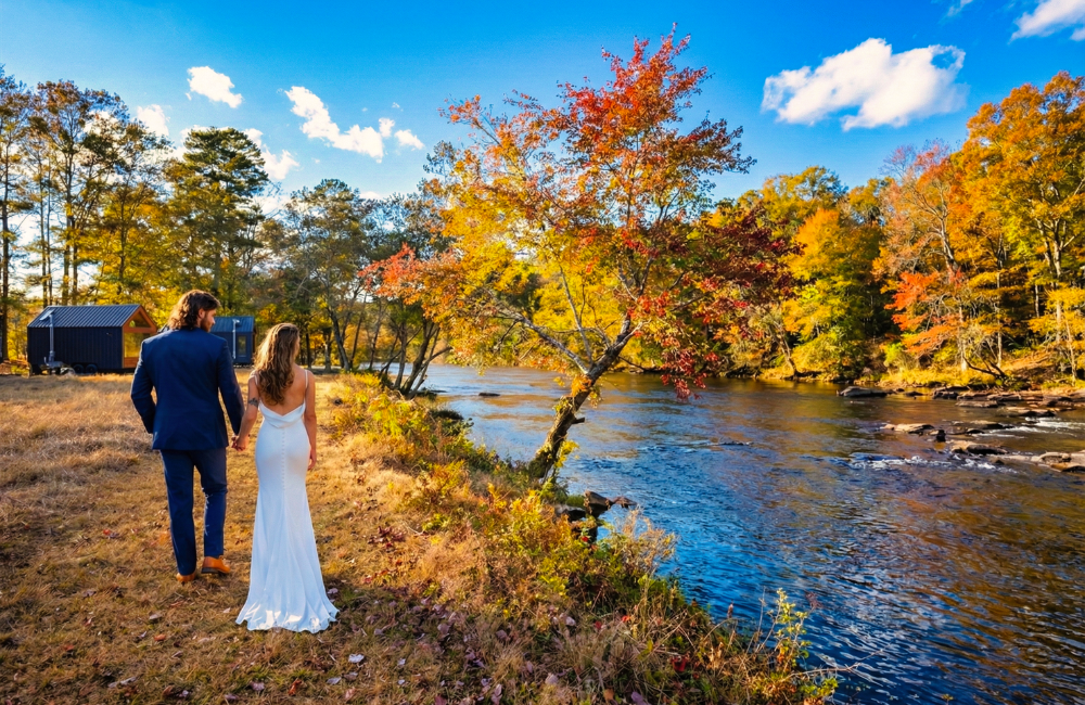 Asheville River Cabins wedded couple strolling