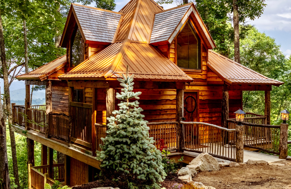 a luxury treehouse with mountain views