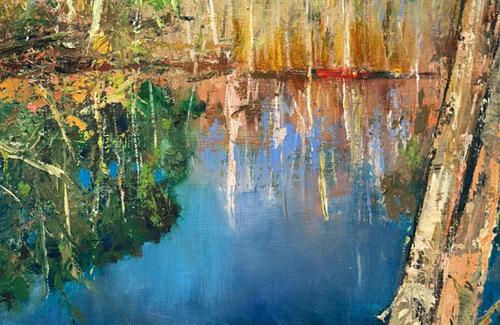 Riverbank landscape painting by Terry Thirion for Hot Springs Arts Trail 