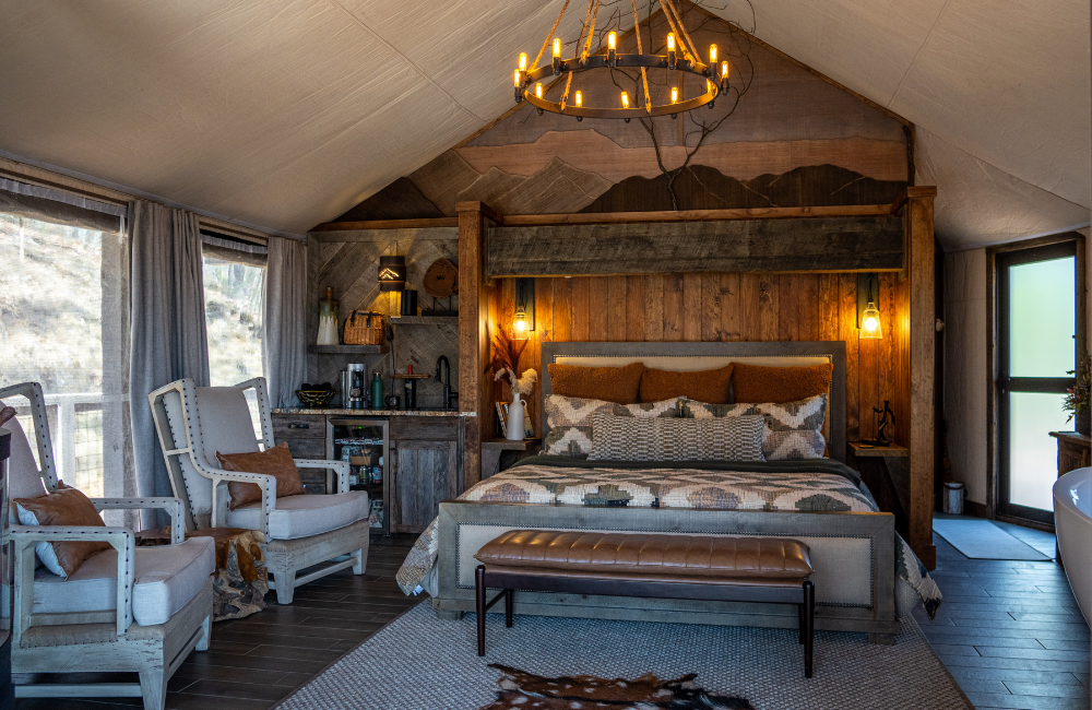 Interior of luxury Goldfinch glamping space at Elk and Embers in the Smokies