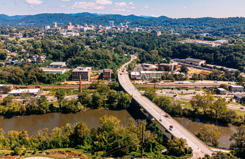 Aerial view of Asheville's River Arts District