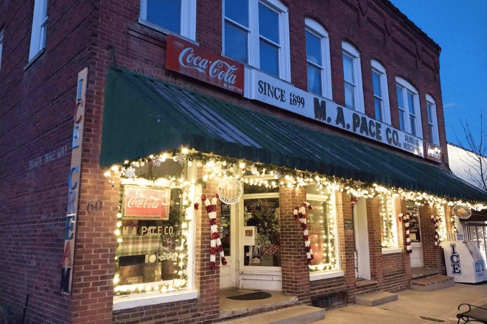 Storefront with lights at Hometown Christmas, Saluda