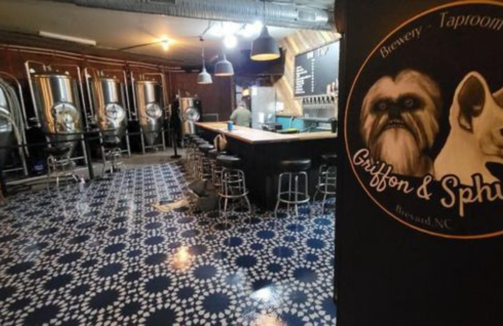 Interior tile floor and brewing station at Griffon and Sphynx Brewery