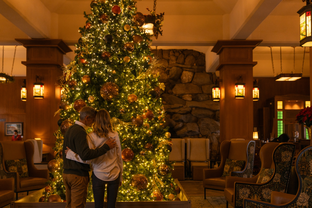 Two peole gazing at an enormous Christmas tree in an elegant lobby