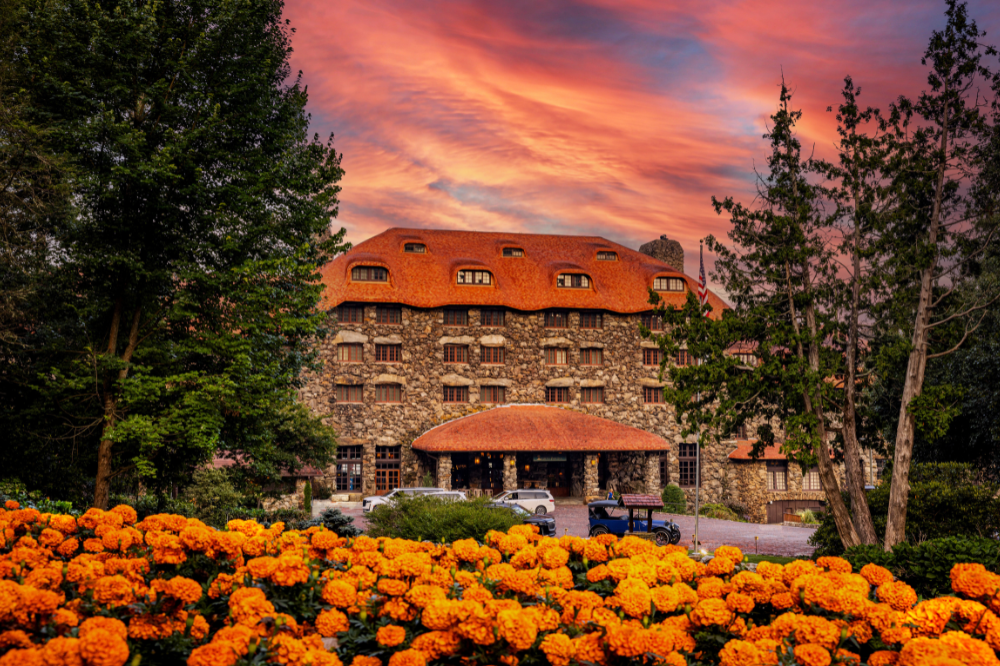 Omni Grove Park Inn entrance at sunset