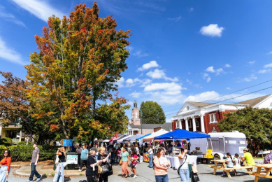 Blue fall sky and vibrant orange leaves on a tree above a street festival