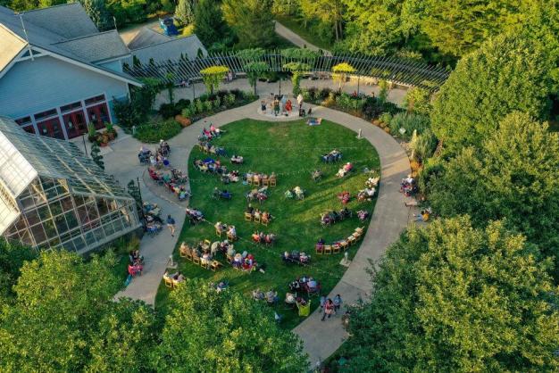 ArborEvenings at the NC Arboretum Overhead drone photo of people gathered at ArborEvenings at NC Arboretum