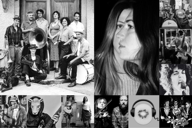 Black and white collage of band photos